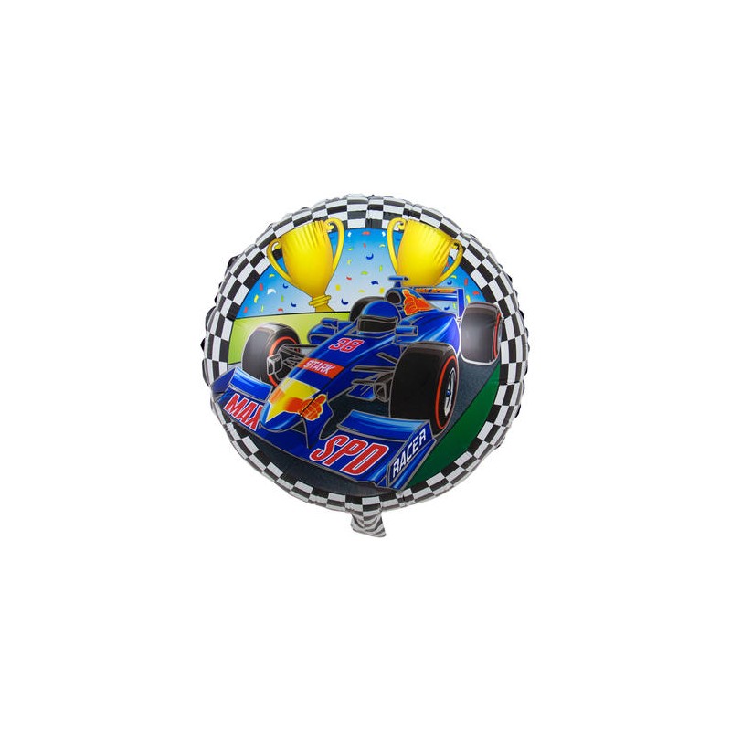 BALLON METALLIQUE ROND VOITURE FORMULE F1 BLEU 45 CM