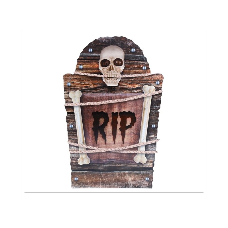 DECORATION HALLOWEEN PIERRE TOMBALE RIP TETE DE MORT 56 CM 