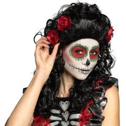 PERRUQUE LONGUE FRISE AVEC ROSES - DAY OF THE DEAD
