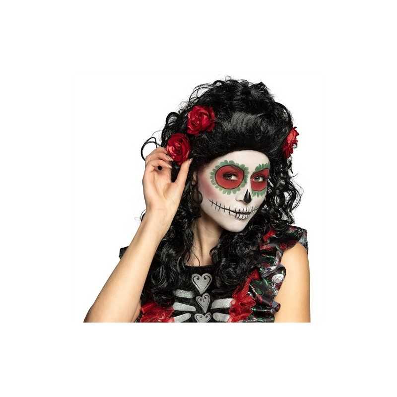 PERRUQUE LONGUE FRISE AVEC ROSES - DAY OF THE DEAD