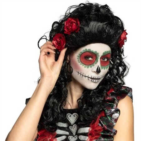 PERRUQUE LONGUE FRISE AVEC ROSES - DAY OF THE DEAD