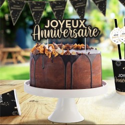 TOP GATEAU CAKE TOPPER JOYEUX ANNIVERSAIRE NOIR ET OR 15.5 X 11 CM 