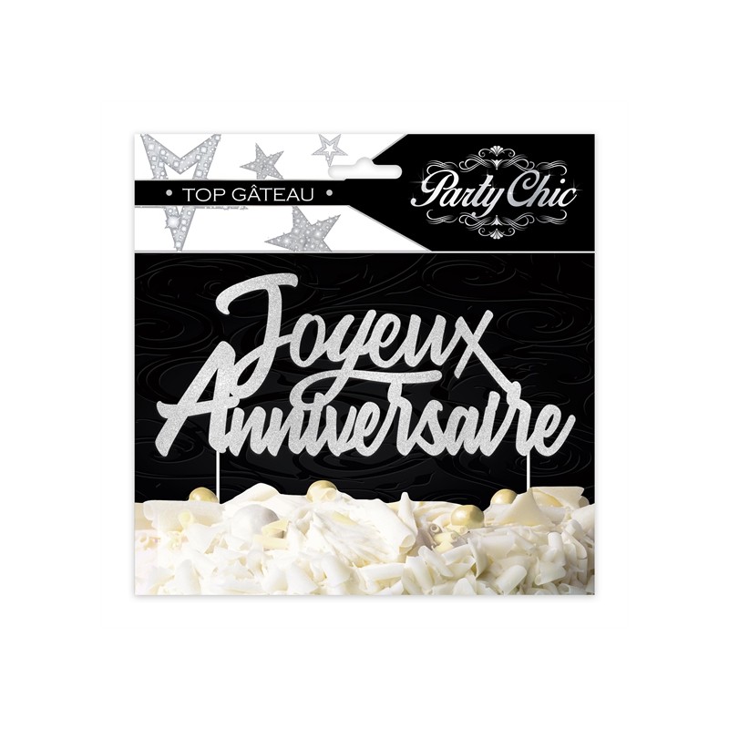 TOP GATEAU CAKE TOPPER JOYEUX ANNIVERSAIRE ARGENT 17 X 14 CM 