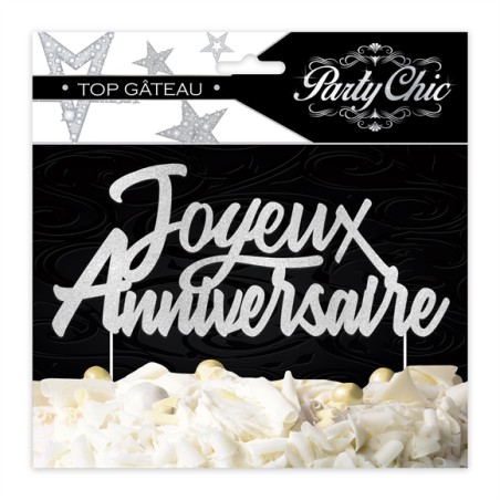 TOP GATEAU CAKE TOPPER JOYEUX ANNIVERSAIRE ARGENT 17 X 14 CM 