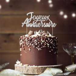 TOP GATEAU CAKE TOPPER JOYEUX ANNIVERSAIRE ARGENT 17 X 14 CM 