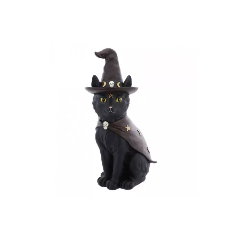 DECORATION CHAT NOIR AVEC CHAPEAU ET CAPE 16 CM X 12 CM X 31 CM 