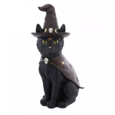 DECORATION CHAT NOIR AVEC CHAPEAU ET CAPE 16 CM X 12 CM X 31 CM 