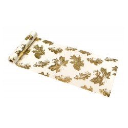 CHEMIN DE TABLE VELOURS CREME FEUILLES OR 28 CM X 300 CM 