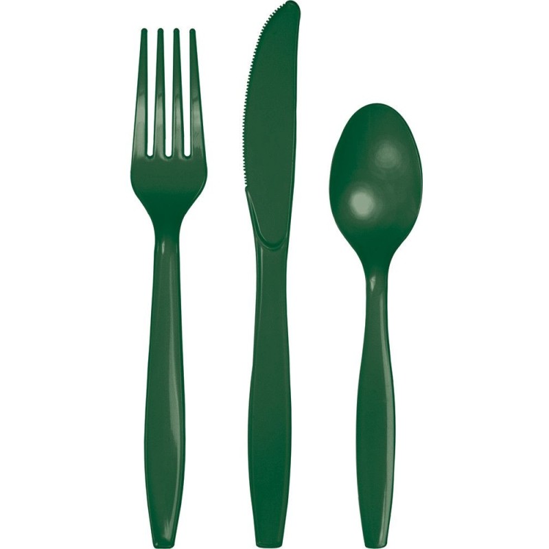 24 COUVERTS PLASTIQUE VERT HUNTER GREEN 8 FOURCHETTES 8 COUTEAUX 8 CUILLERES