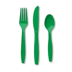 24 COUVERTS PLASTIQUE VERT EMERALD GREEN 8 FOURCHETTES 8 COUTEAUX 8 CUILLERES