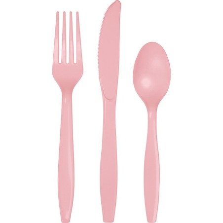 24 COUVERTS PLASTIQUE ROSE 8 FOURCHETTES 8 COUTEAUX 8 CUILLERES