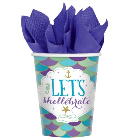 8 GOBELETS COMPOSTABLES SIRENE OU MERMAID BLEU VIOLET ET OR 250 ML