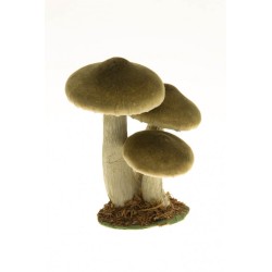 3 CHAMPIGNONS VERT FORESTIER SUR SOCLE BOIS MOUSSE 12 X 14 X 17 CM