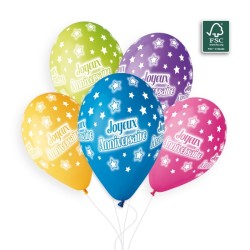 5 BALLONS BIO LATEX JOYEUX ANNIVERSAIRE MULTICOLORES 33CM 