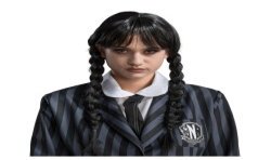 PERRUQUE MERCREDI 2 NATTES NOIRES + FRANGE ADULTE