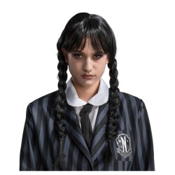PERRUQUE MERCREDI 2 NATTES NOIRES + FRANGE ADULTE