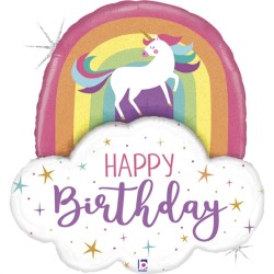 BALLON METALLIQUE ARC EN CIEL  LICORNE HAPPY BIRTHDAY  89 CM