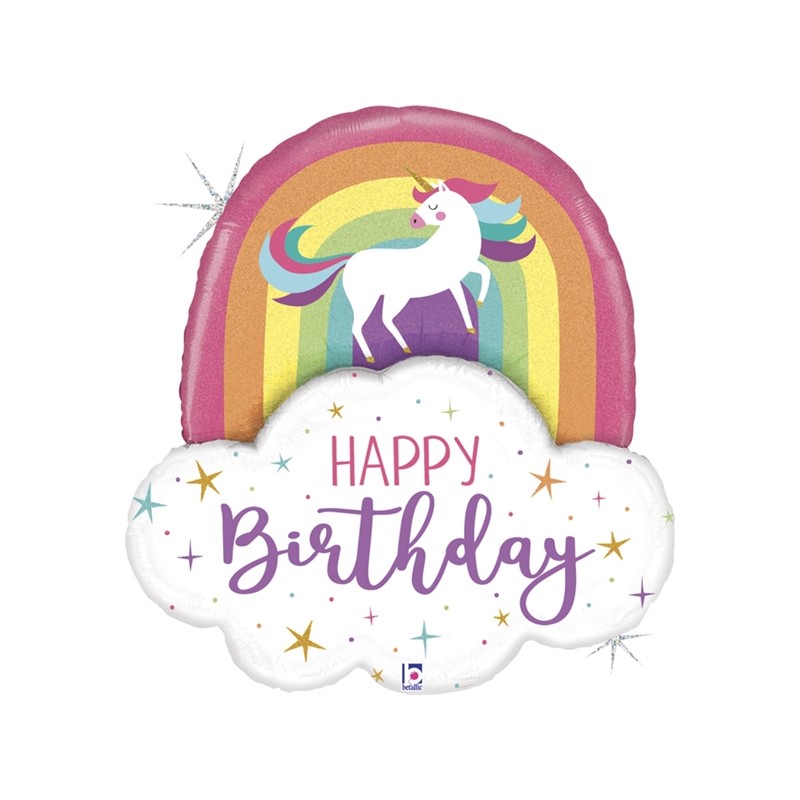 BALLON METALLIQUE ARC EN CIEL  LICORNE HAPPY BIRTHDAY  89 CM