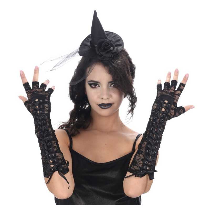 LONGS GANTS DENTELLE NOIRE AVEC LACET 40 CM 