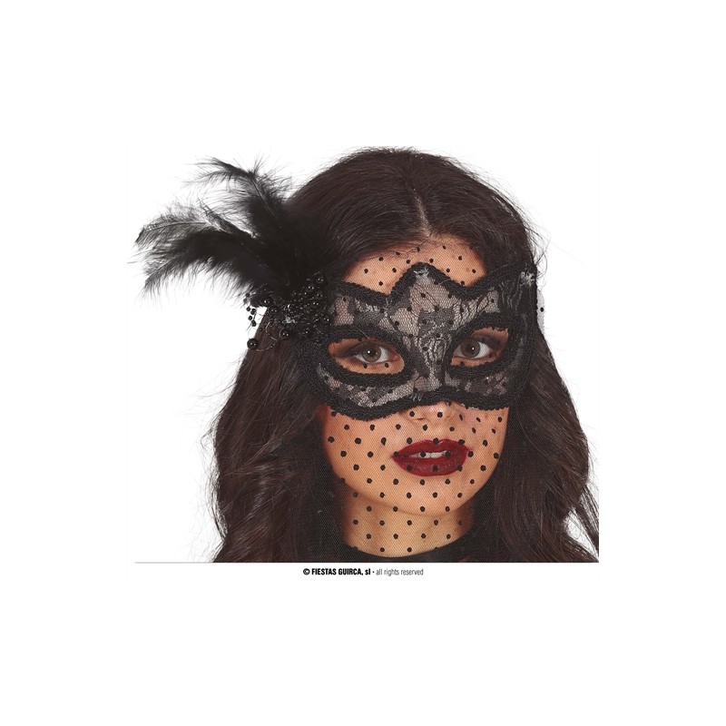 MASQUE LOUP DENTELLE TISSU NOIR AVEC PLUMES