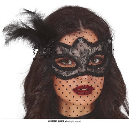 MASQUE LOUP DENTELLE TISSU NOIR AVEC PLUMES