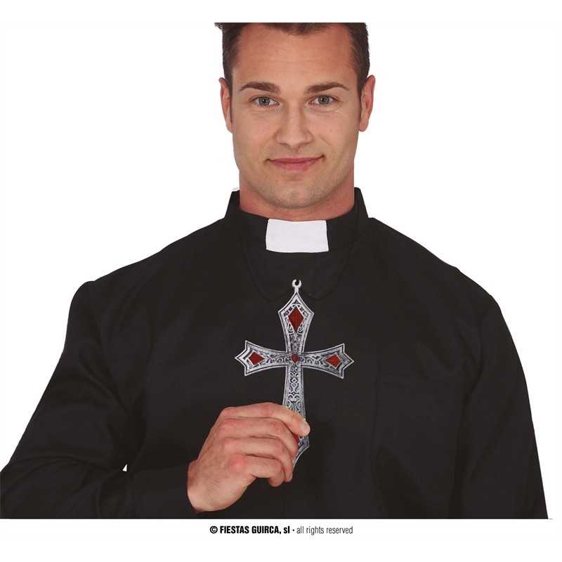 COLLIER CROIX ARGENT PIERRES ROUGE