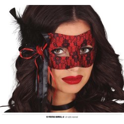 DEMI-MASQUE NOIR ET ROUGE AVEC PLUMES EFFET DENTELLE