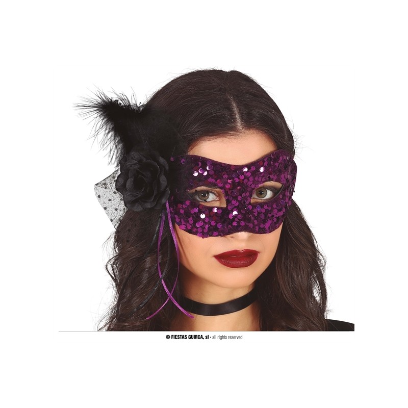 DEMI-MASQUE NOIR ET LILAS AVEC PLUMES 