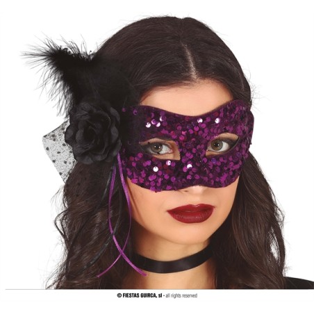 DEMI-MASQUE NOIR ET LILAS AVEC PLUMES 