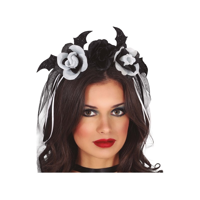 SERRE-TETE FLEURS BLANCHES ET NOIRES VOILE NOIR HALLOWEEN