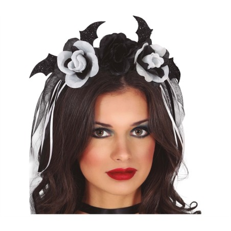 SERRE-TETE FLEURS BLANCHES ET NOIRES VOILE NOIR HALLOWEEN