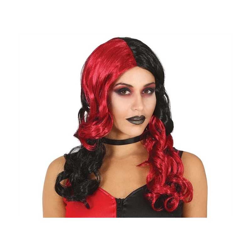 PERRUQUE CHEVEUX LONGS BOUCLES ROUGE ET NOIR SANS FRANGE