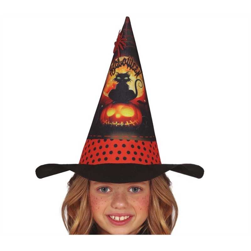 CHAPEAU DE SORCIERE ENFANT IMPRIME CHAT NOIR COULEUR ORANGE ET NOIR