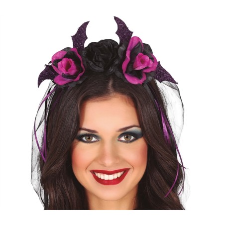 SERRE-TETE FLEURS NOIRES ET VIOLETTES AVEC VOILE NOIR HALLOWEEN