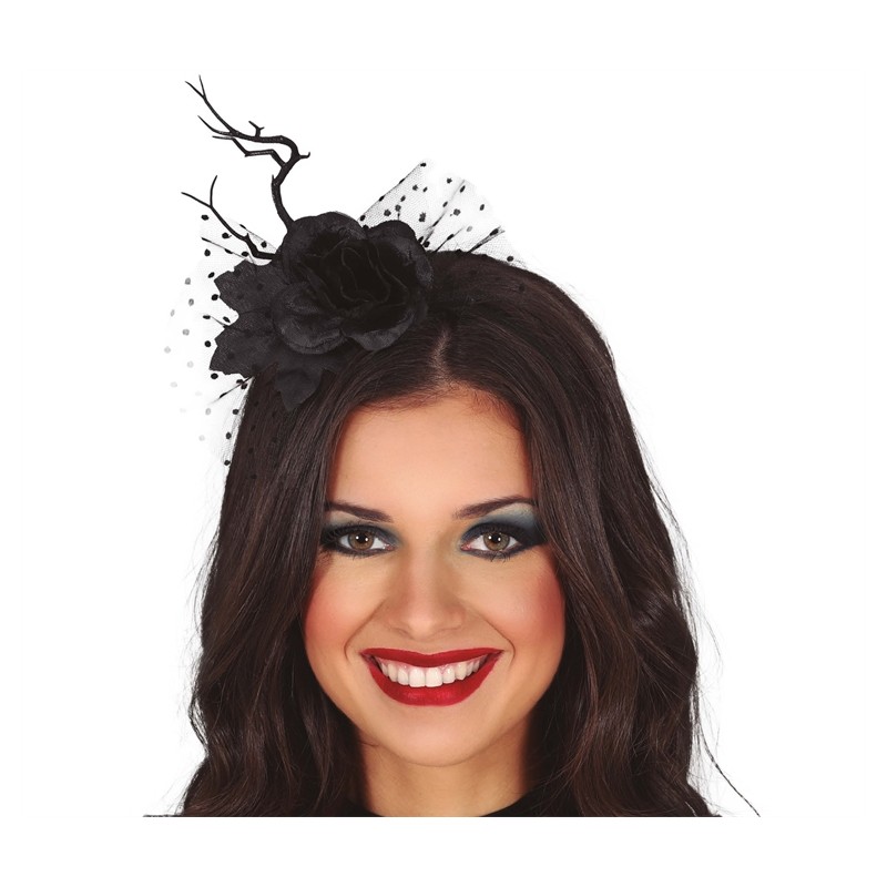 SERRE-TETE FLEUR ET BRANCHE NOIRE  AVEC VOILETTE NOIR HALLOWEEN