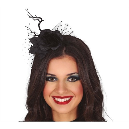 SERRE-TETE FLEUR ET BRANCHE NOIRE  AVEC VOILETTE NOIR HALLOWEEN