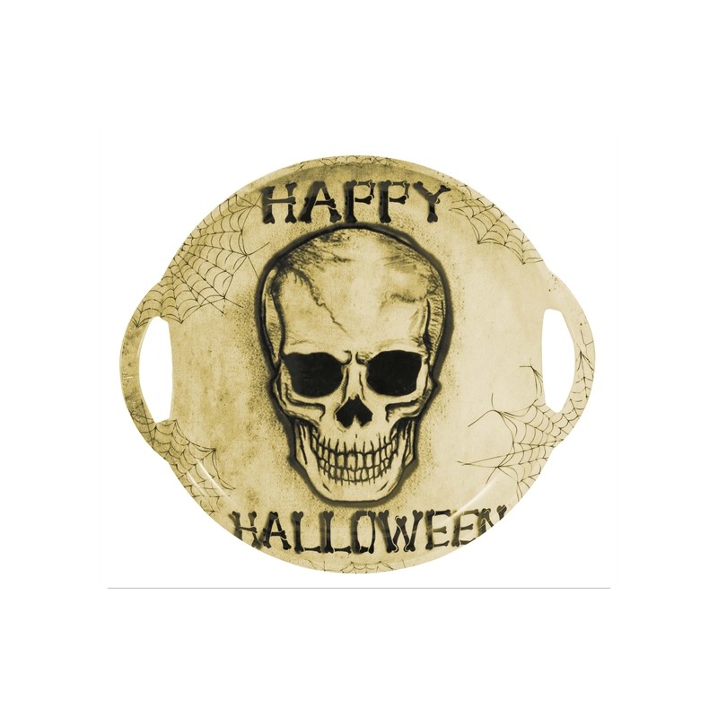 PLATEAU ROND HALLOWEEN DECOR TETE DE MORT EN PLASTIQUE 30 X 33 CM