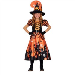 DEGUISEMENT HALLOWEEN SORCIERE  ORANGE AVEC IMPRESSION MAISON HA  TAILLE 5-6 ANS