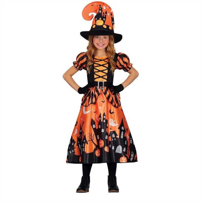 DEGUISEMENT HALLOWEEN SORCIERE ORANGE AVEC IMPRESSION MAISON HA TAILLE 5-6 ANS