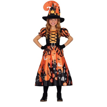 DEGUISEMENT HALLOWEEN SORCIERE  ORANGE AVEC IMPRESSION MAISON HA  TAILLE 5-6 ANS