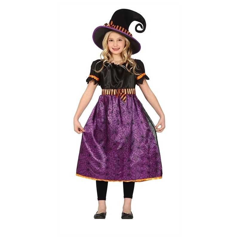 DEGUISEMENT HALLOWEEN SORCIERE VIOLET ET NOIR TOILE D'ARAIGNEE TAILLE 7-9 ANS