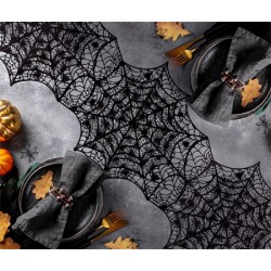 CHEMIN DE TABLE HALLOWEEN NOIR EFFET TOILE ARAIGNEE 34 CM X 136 CM