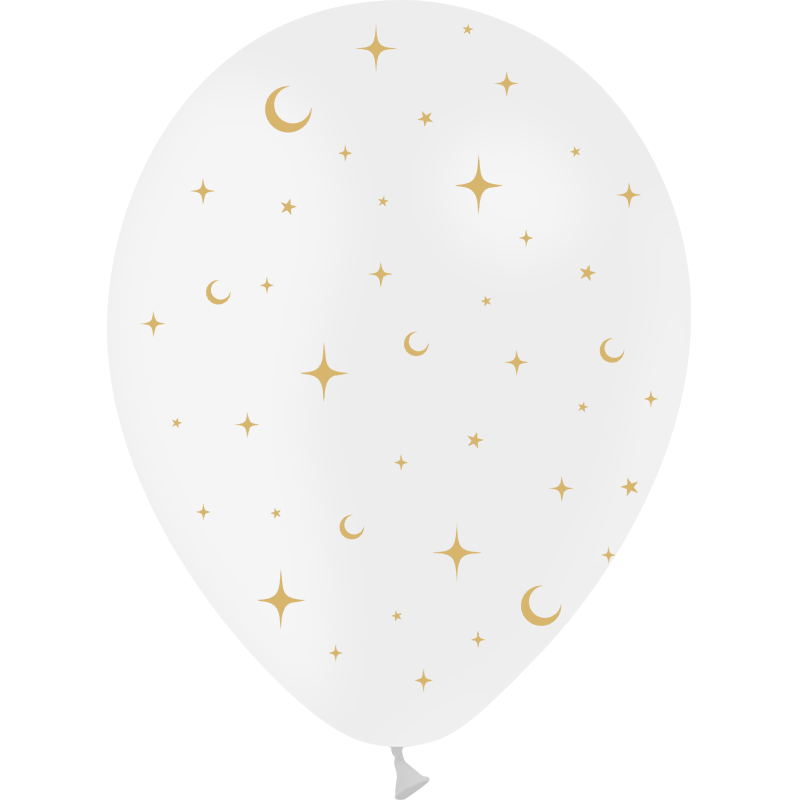 SACHET DE 8 BALLON BLANC AVEC LUNE ET ETOILES OR 30 CM 