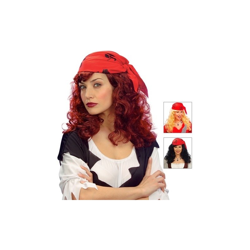 PERRUQUE LONGUE BOUCLEE BLONDE NOIR OU AUBURN  PIRATE FOULARD ROUGE PERRUQUE LONGUE BOUCLEE BLONDE NOIR OU AUBURN  PIRATE FOULARD ROUGE