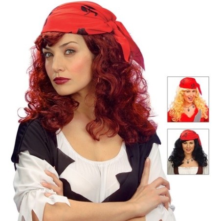 PERRUQUE LONGUE BOUCLEE BLONDE NOIR OU AUBURN  PIRATE FOULARD ROUGE
