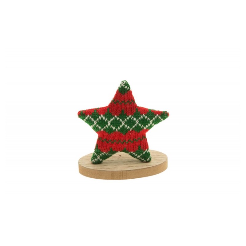 ETOILE TRICOT NOEL ROUGE-VERT SUR SOCLE BOIS 7 CM X 11 CM X 12.5 CM