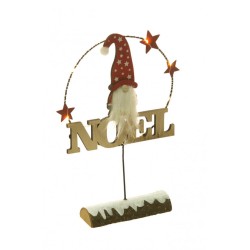 CENTRE DE TABLE BOIS NOEL GNOME 8 LEDS SUR TRONC BOIS NEIGE 24CM