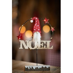 CENTRE DE TABLE BOIS NOEL GNOME OU LUTIN 8 LEDS SUR TRONC BOIS NEIGE 24CM