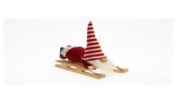 GNOME OU LUTIN RAYE ROUGE BLANC SUR LUGE BOIS 13 CM X 16 CM