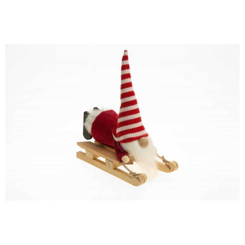 GNOME OU LUTIN RAYE ROUGE BLANC SUR LUGE BOIS 13 CM X 16 CM